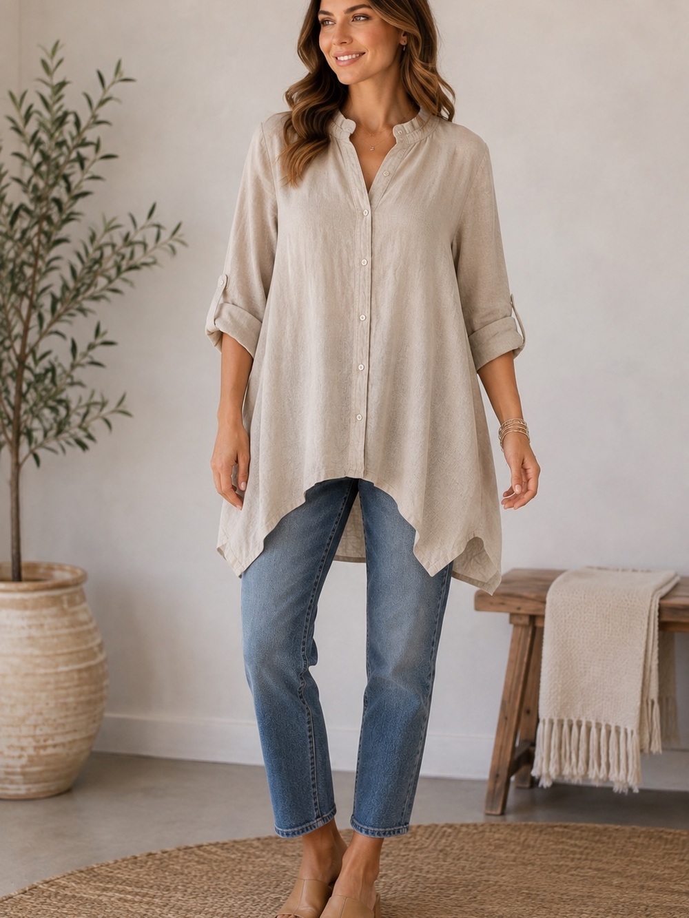 John Mark Cream Button-Front Handkerchief Hem Tunic 100% linen